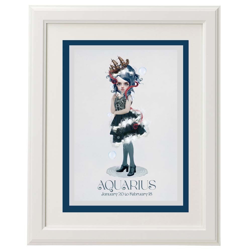 Framed Aquarius star sign card – a unique, dark art piece for home décor.