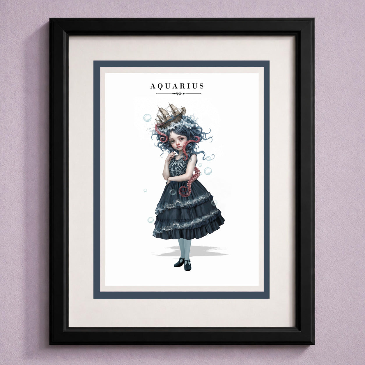 Framed Aquarius zodiac birthday card a featuring an illustration of a dark-haired maiden with wild wave hair topped with a miniature ship and an octopus tentacle around her shoulder. 