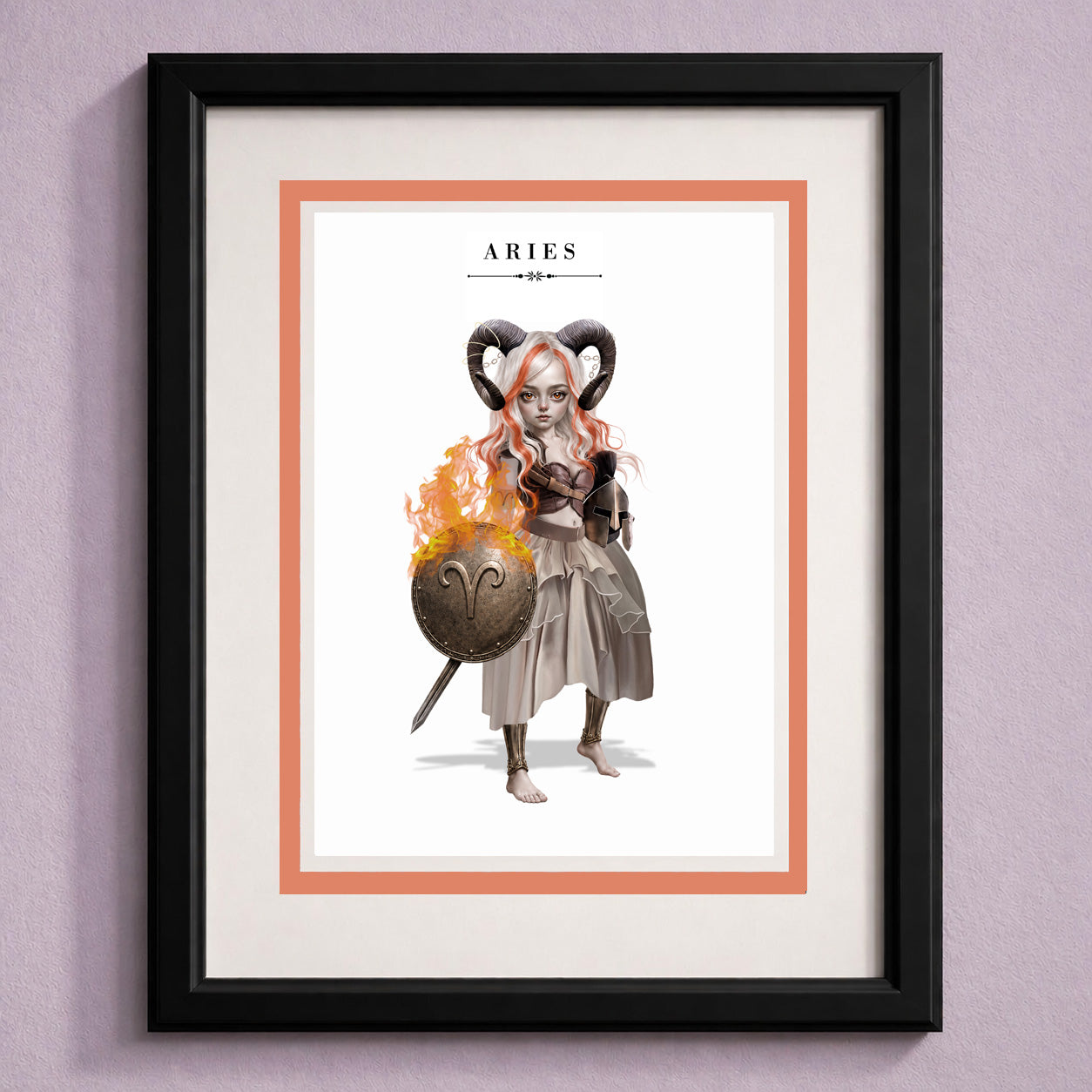 Framed Aries zodiac birthday card featuring an illustration of a white and orange-haired warrior maiden with ram horns holding a flaming bronze shield.