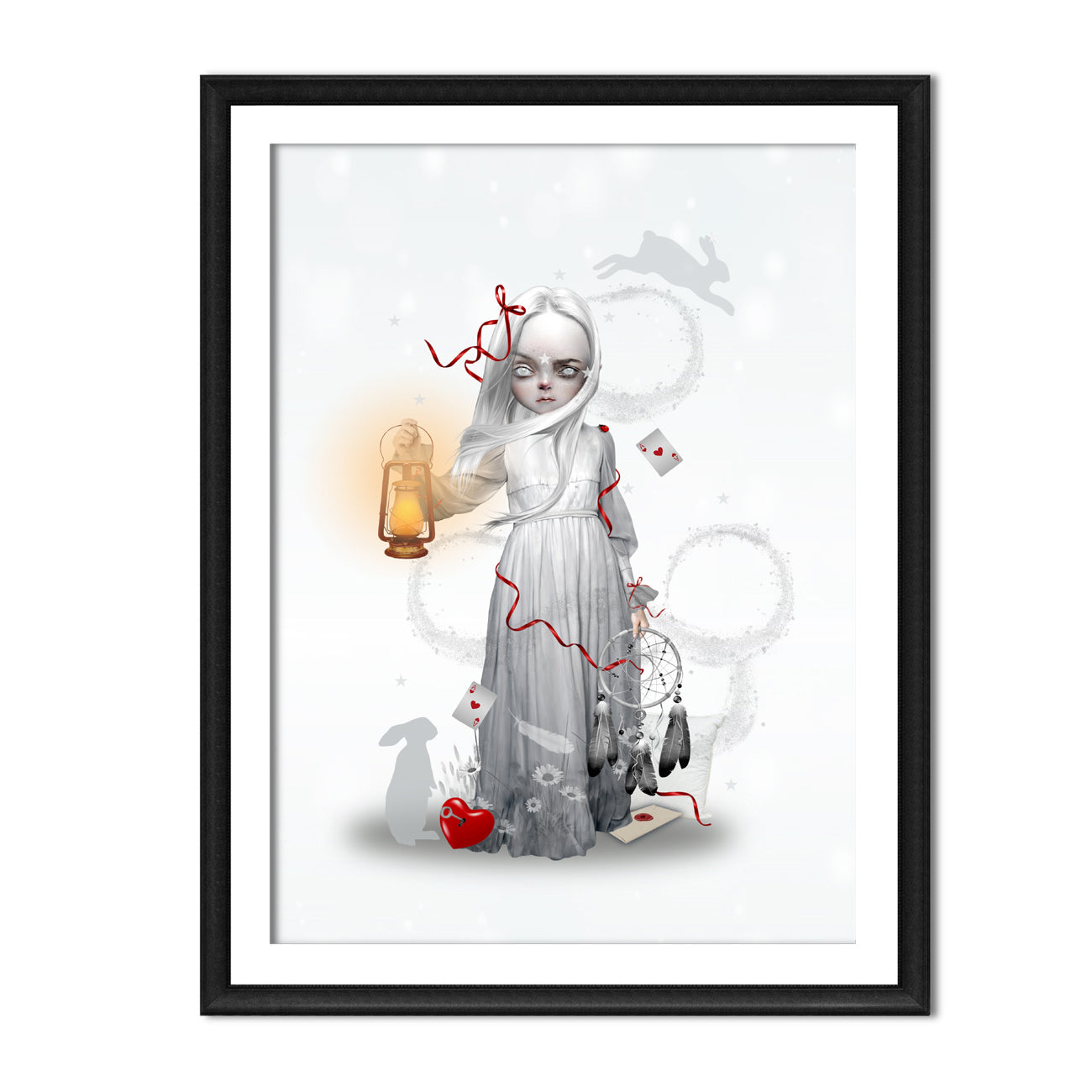 framed dreamy art print, a sleepwalking girl with dreamcatcher drifts through a dreamlike landscape, holding a lantern that lights her way.