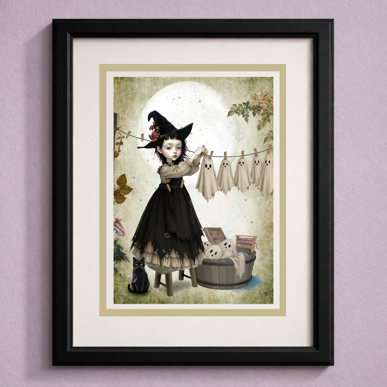 Framed art greeting card featuring a gothic witch girl hanging sheet ghosts on a clothesline.