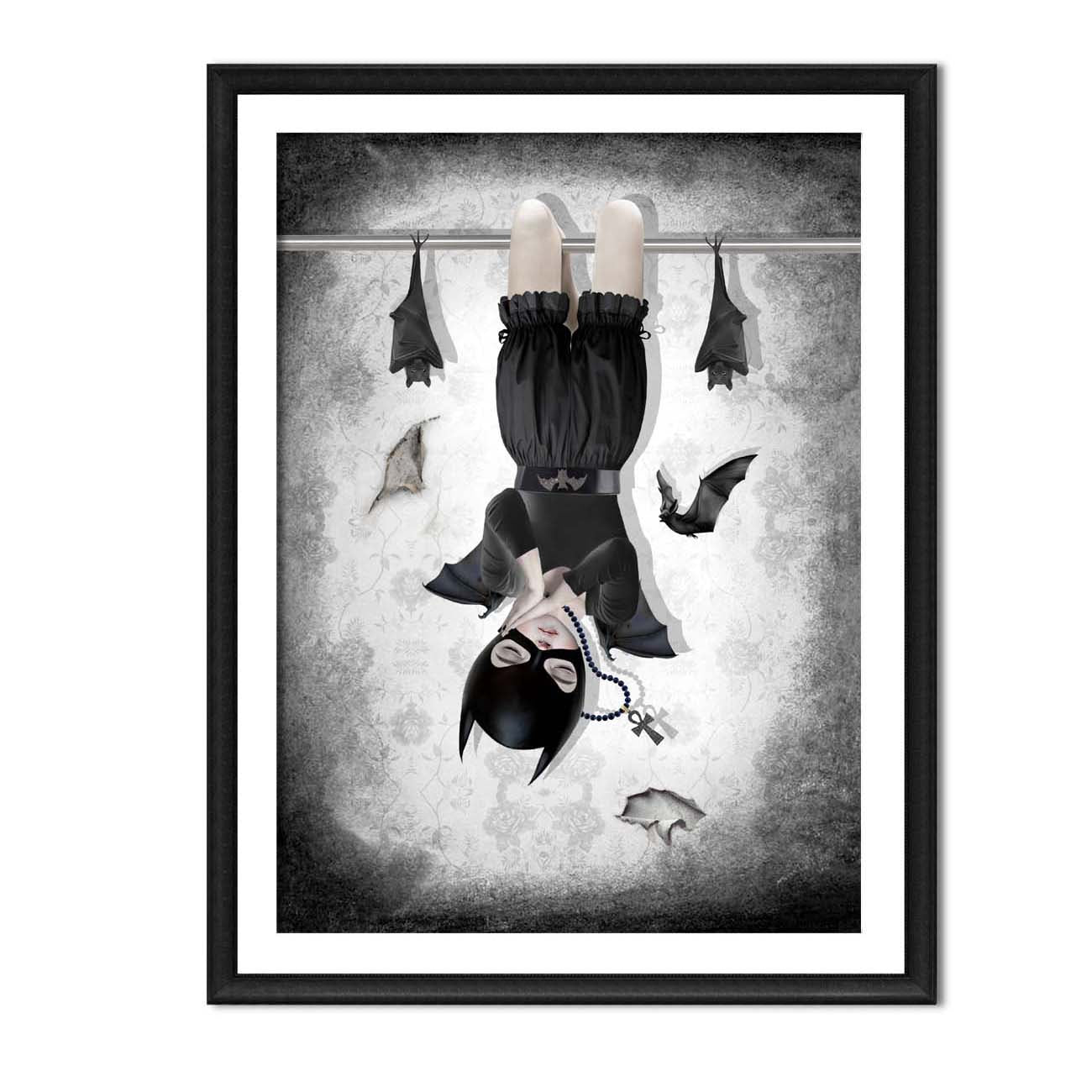 Creepy cute Art Print features a masked girl asleep on a belfry, surrounded by her loyal bats.