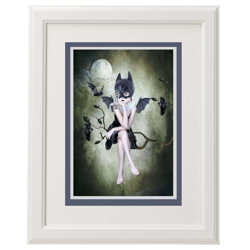 Bat girl and bats moonlighting art greeting card, perfect for framing.