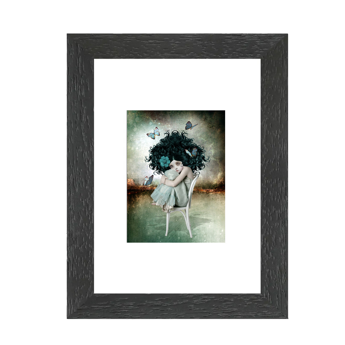This ACEO features a girl with bouffant hair, peacefully surrounded by fluttering butterflies.