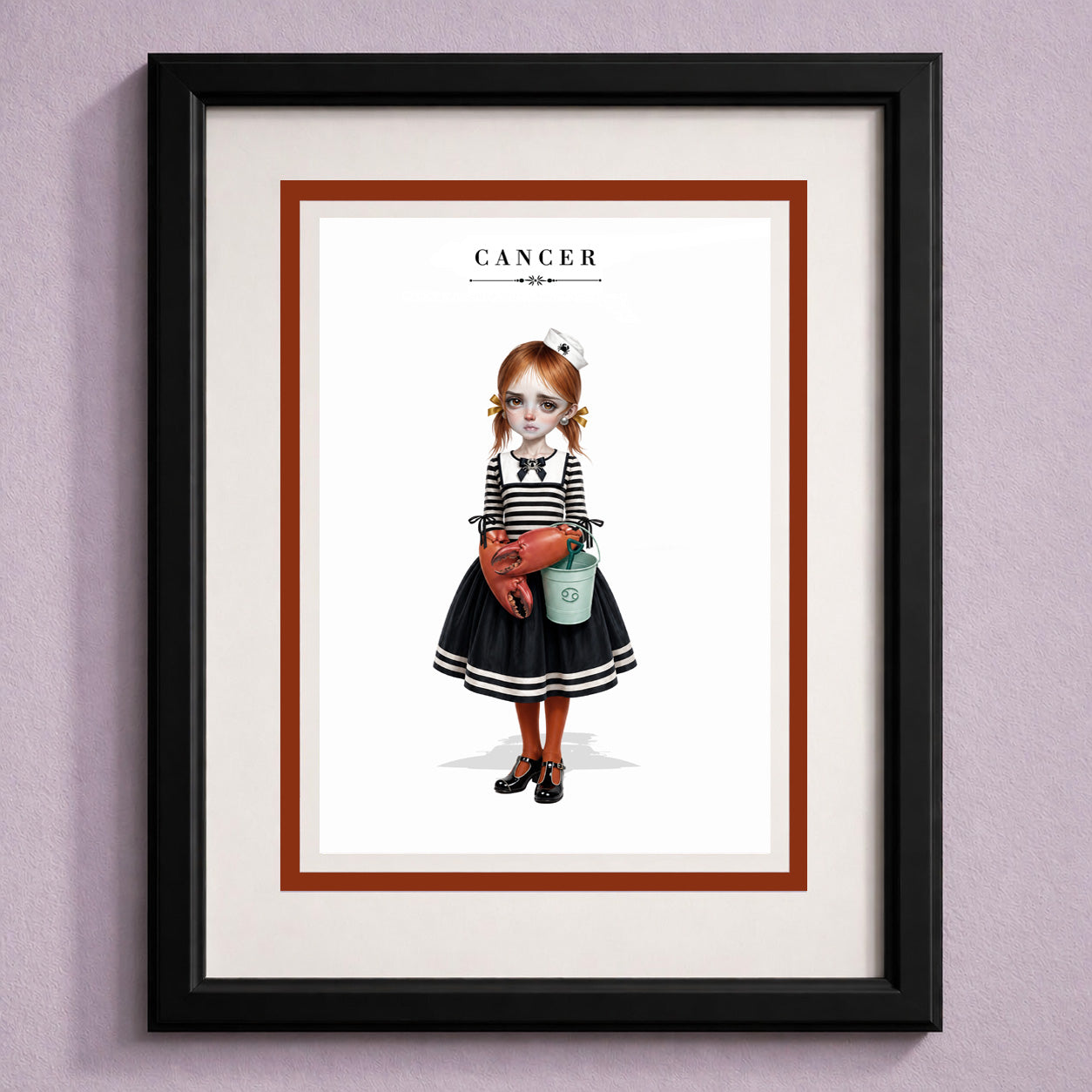 Framed Cancer zodiac birthday card  featuring an illustration of a red-haired maiden in a nautical sailor dress with crab claw hands and a beach bucket.