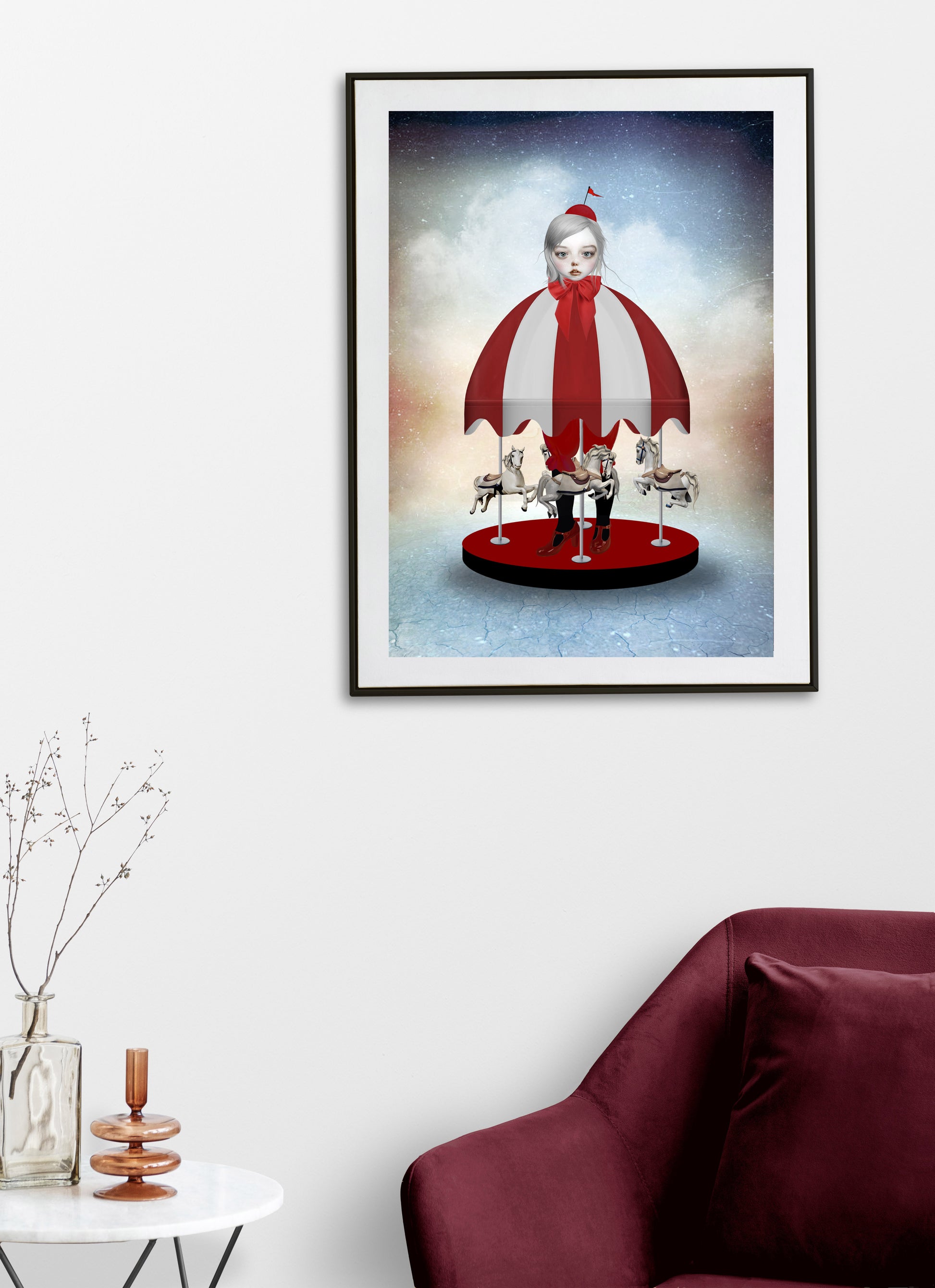 carousel girl surrounded by graceful prancing horses, whimsical pop surrealism art print on living room wall displayed in frame.