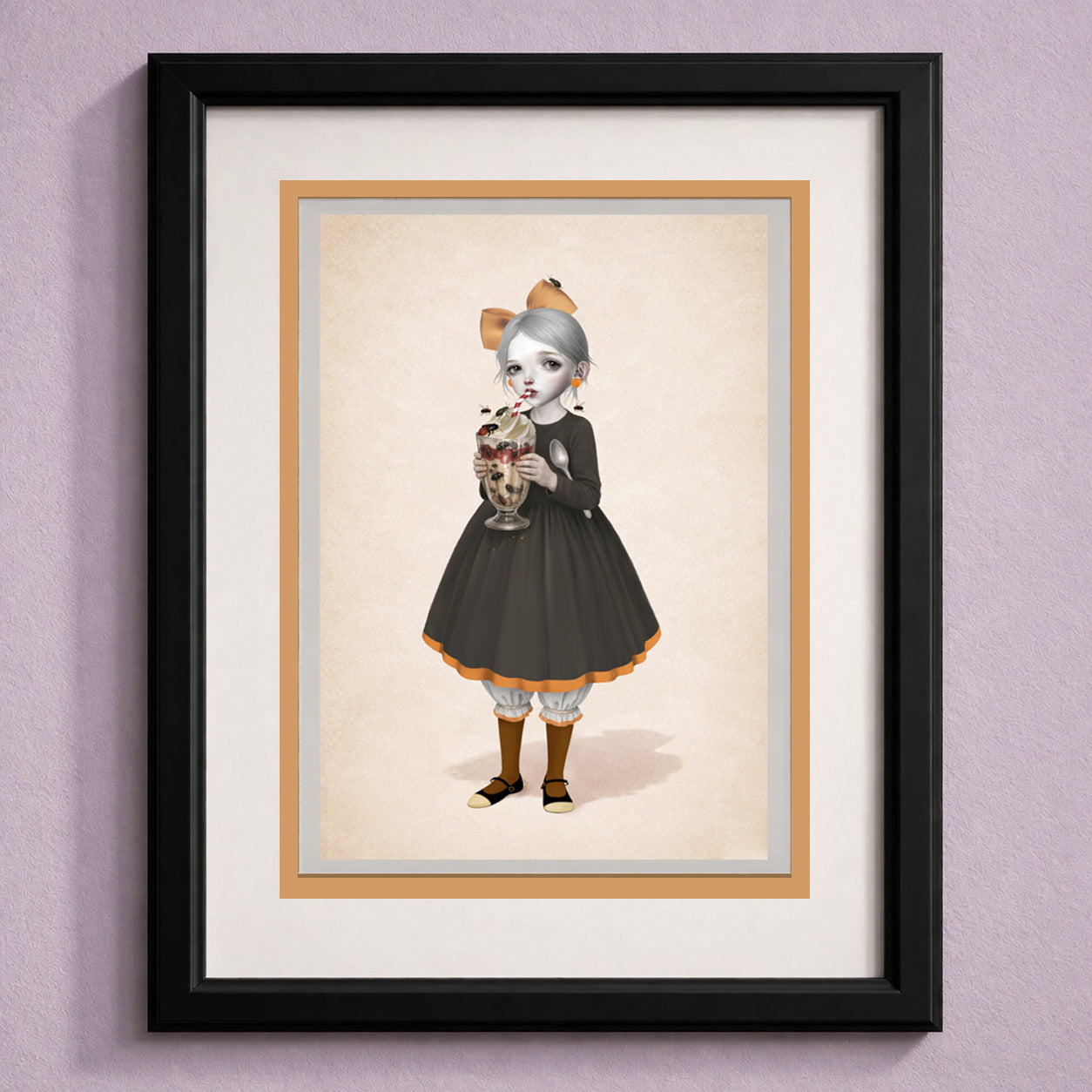 Framed artwork featuring a girl with a beetle sundae.