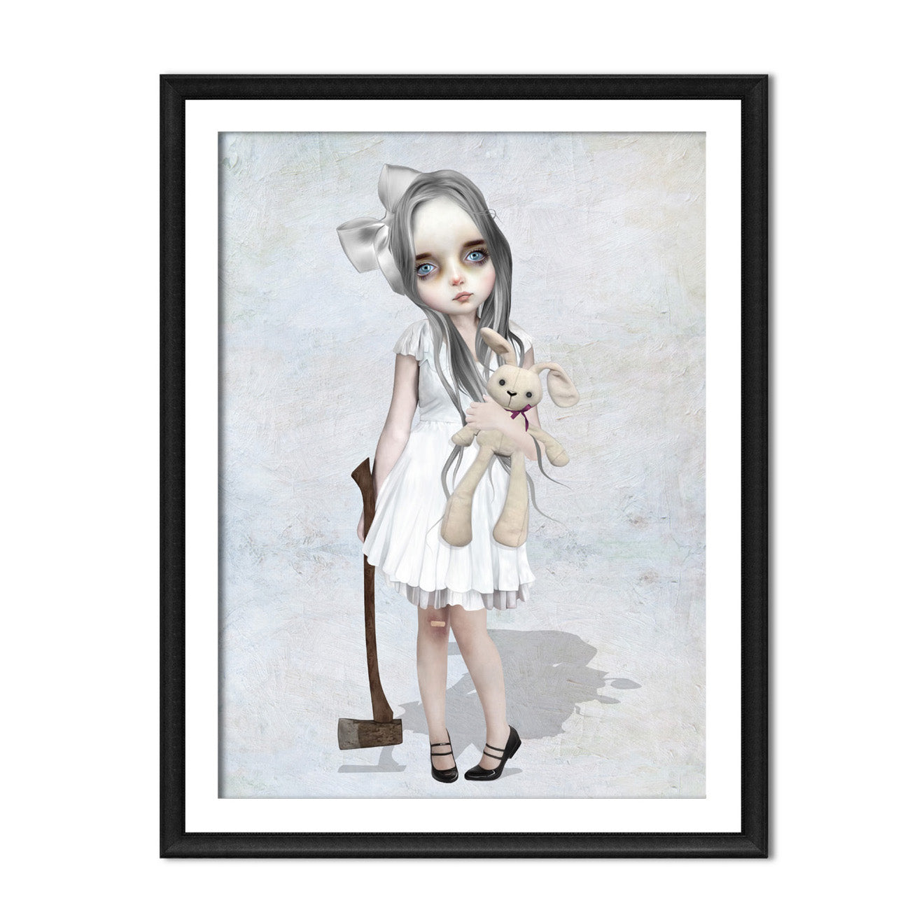 Framed art print of a girl with an axe and toy bunny, set against a white background in a sleek black frame.