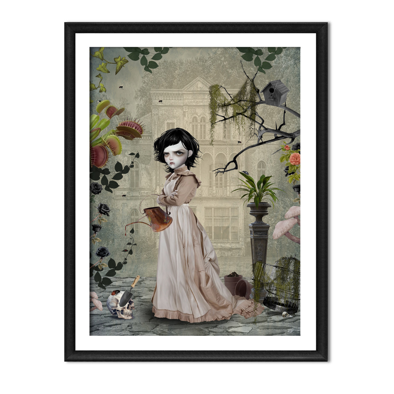 Framed dark nursery rhyme art of Contrary Mary with a surreal and haunting twist.