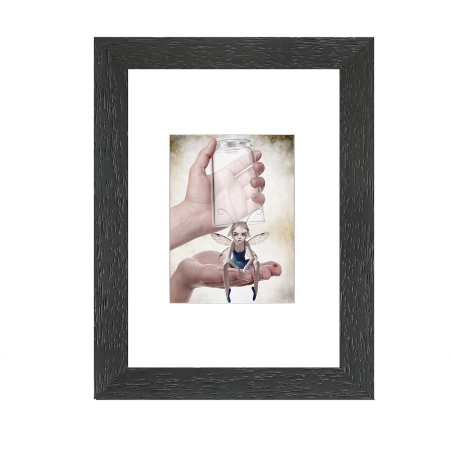 Framed Fairy ACEO card featuring quirky fantasy art of a fairy defending herself with a sewing needle. A unique and collectible piece for any art lover.