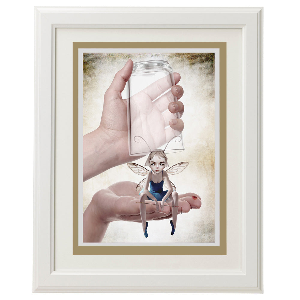 Framed fairy greeting card featuring quirky lowbrow art of a fairy with a sewing needle.