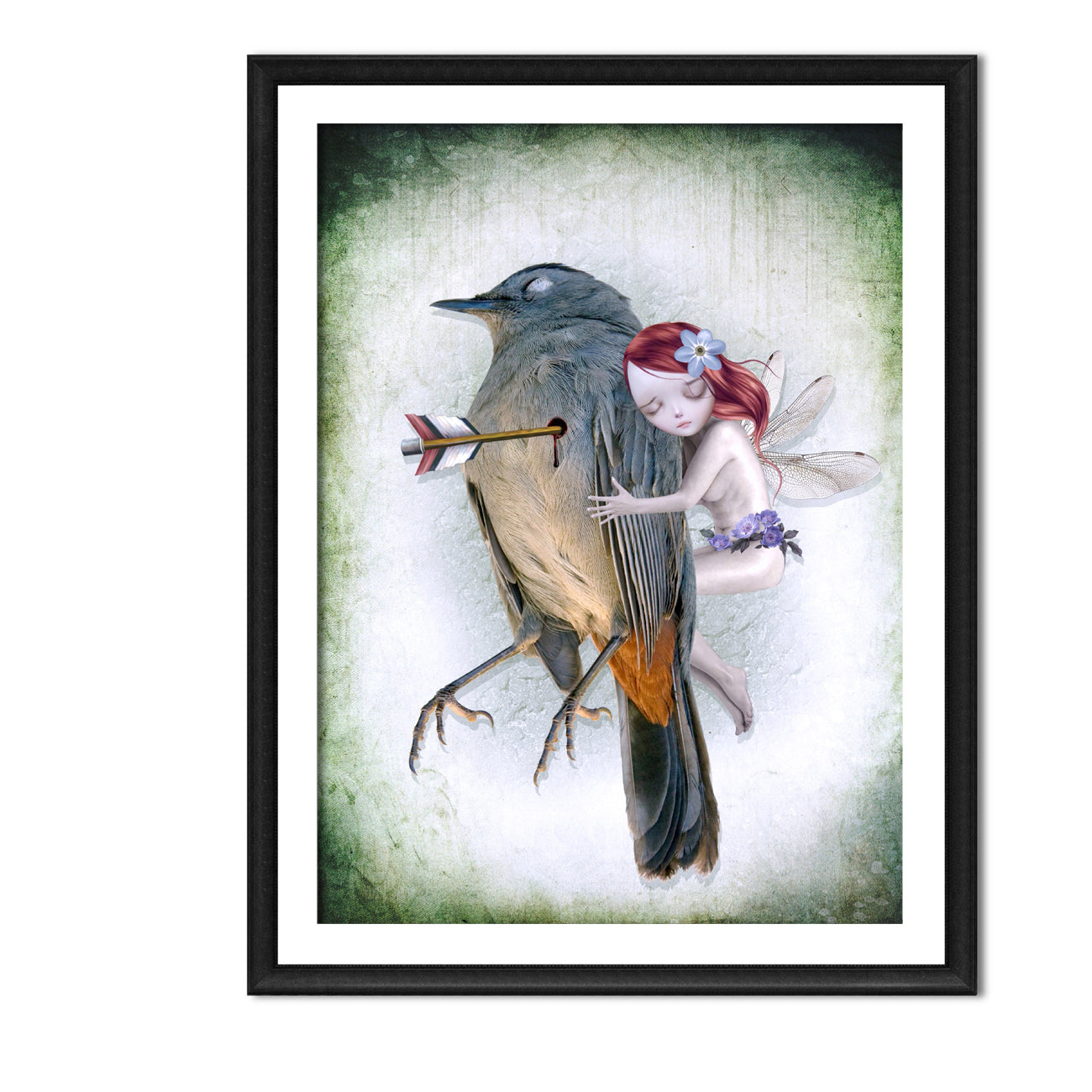 Framed sad melancholy artwork of a fairy hugging a song bird with an arrow on a textured green background
