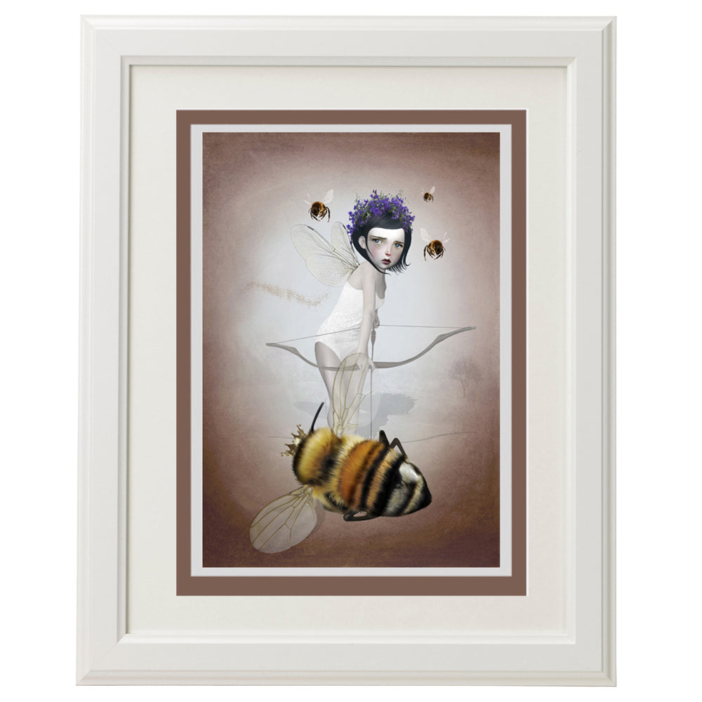Framed fairy and queen bee card – a unique, dark art piece for home décor.