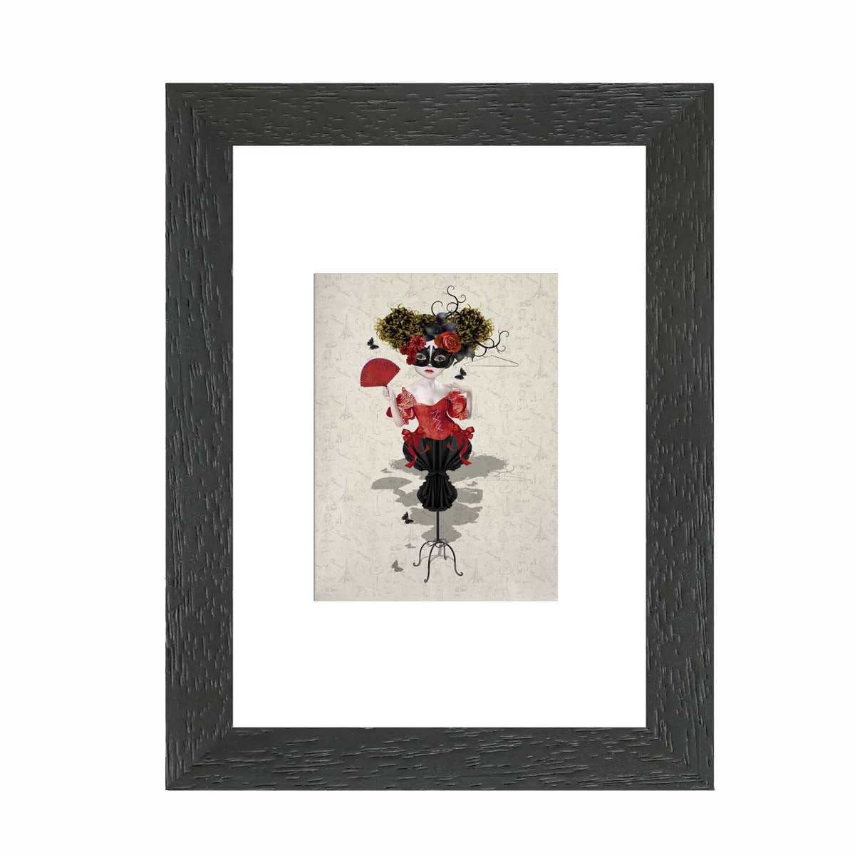 Framed ACEO print of a fashion mannequin, featuring quirky whimsical artwork perfect for home decor or art collectors.