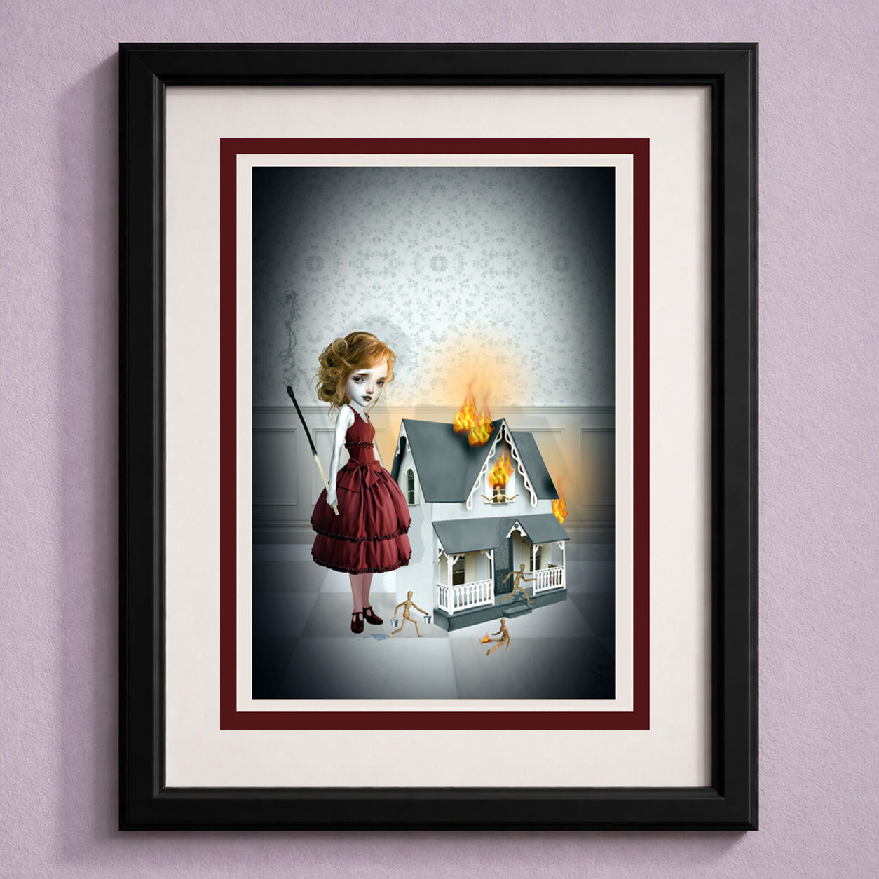 Framed art greeting card illustration is a mischievous girl holding an oversized match standing beside a burning dollhouse.