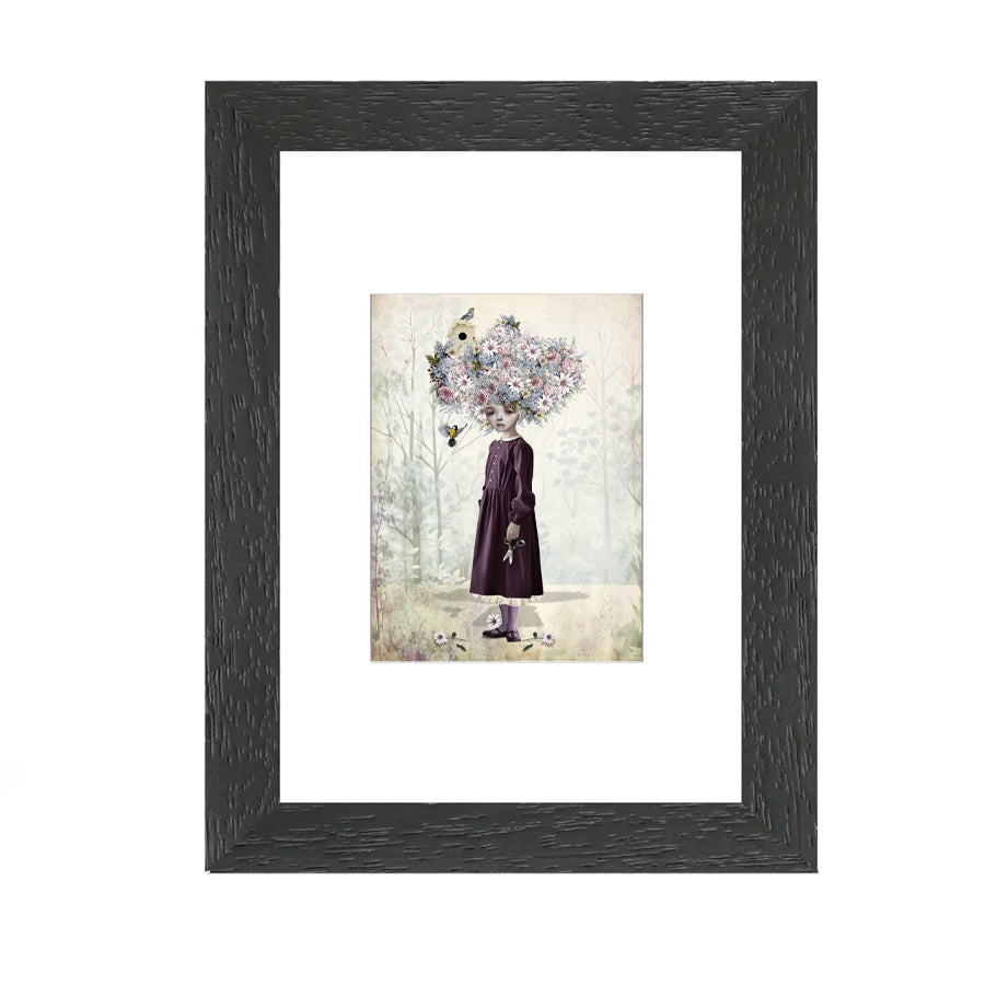 Miniature artwork featuring a young girl with flowers blooming from her scalp instead of hair.