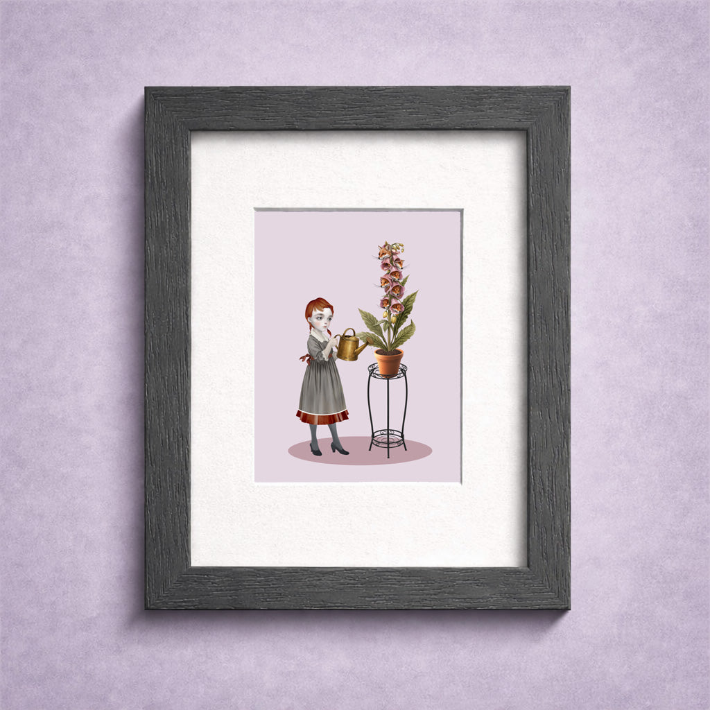 Framed ACEO illustration of a girl with a foxglove plant with real fox heads on a purple wall.