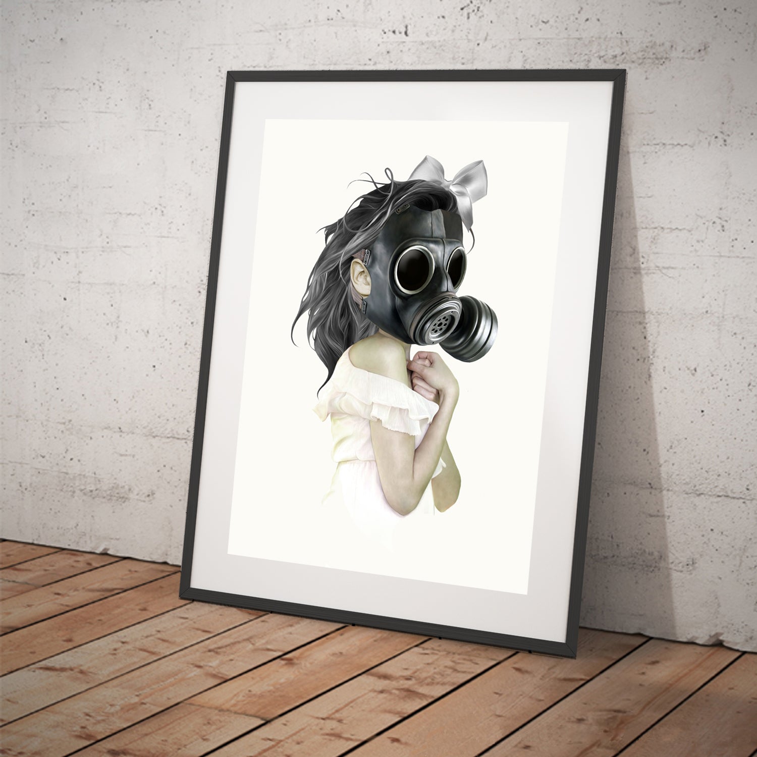 Girl wearing a gas mask portrait art print.