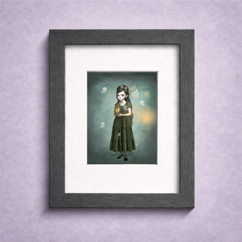 Ghost Catcher ACEO Art Card Framed in a small black frame for display.
