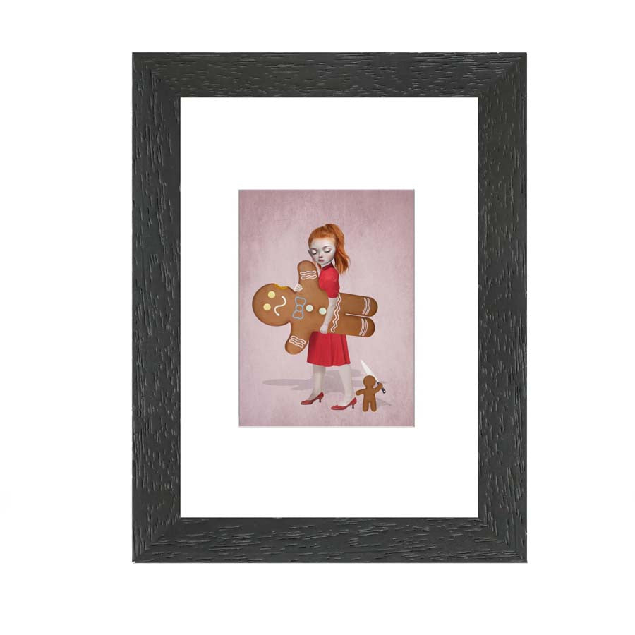 Framed ACEO print of gingerbread men, featuring quirky artwork perfect for home decor or art collectors.