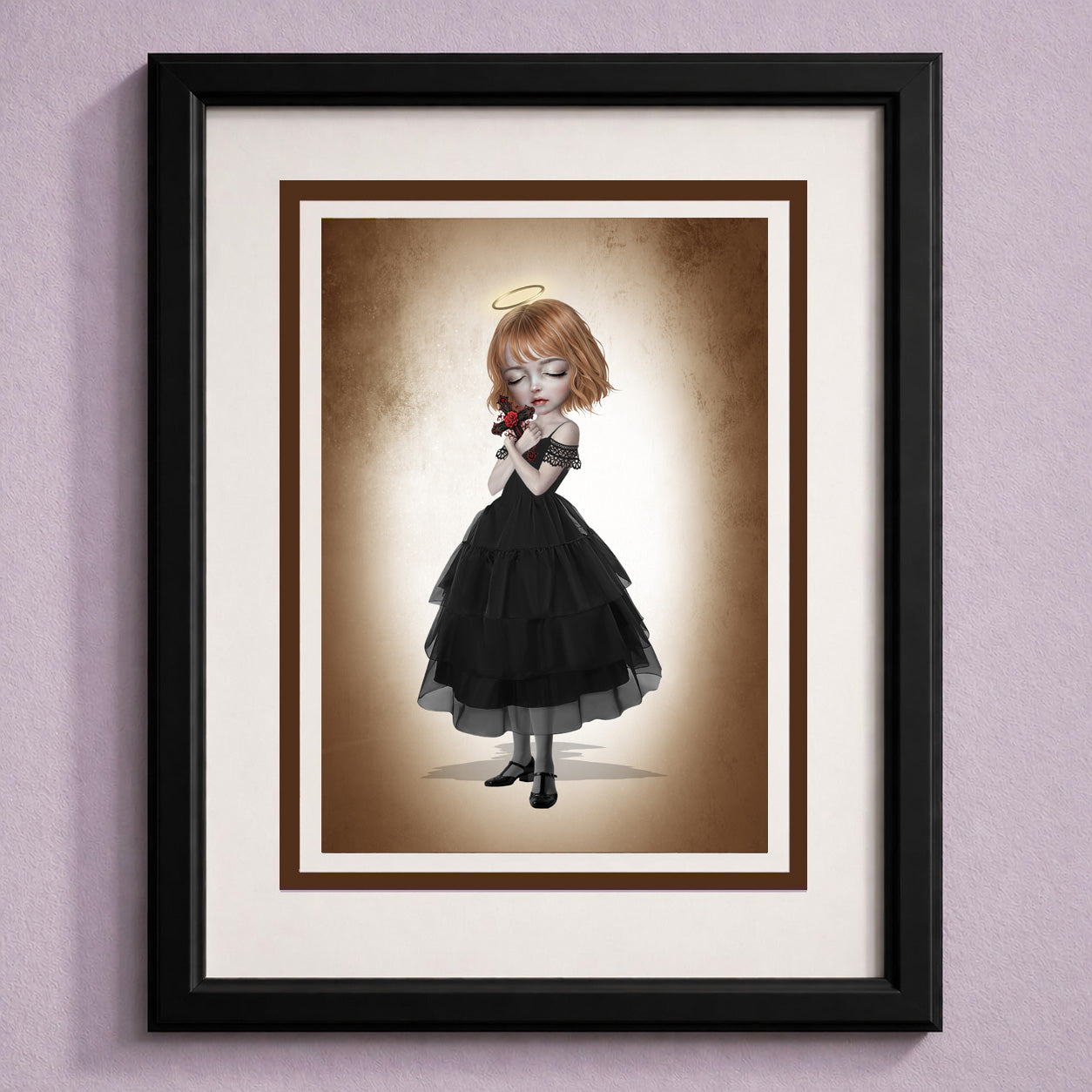 Ready To Frame blank gothic art greeting card featuring an angelic girl holding a crucifix, displayed with an envelope and lavender sprigs.