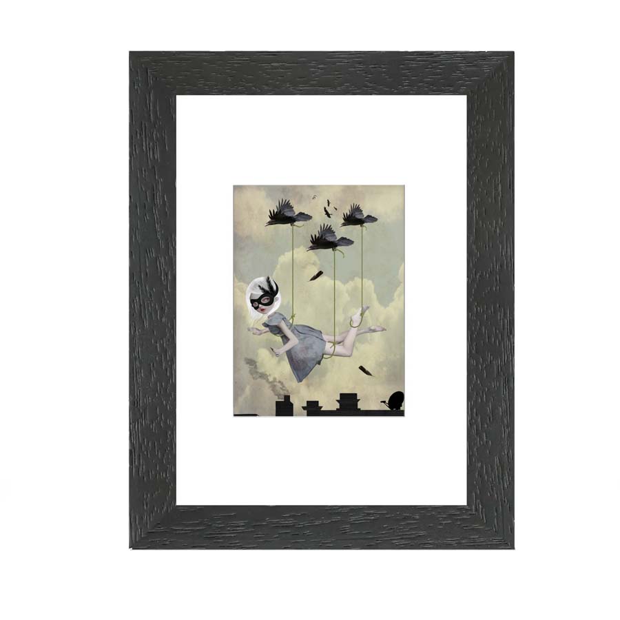 Framed ACEO print of a girl with birds, featuring pop surrealism artwork perfect for home decor or art collectors.