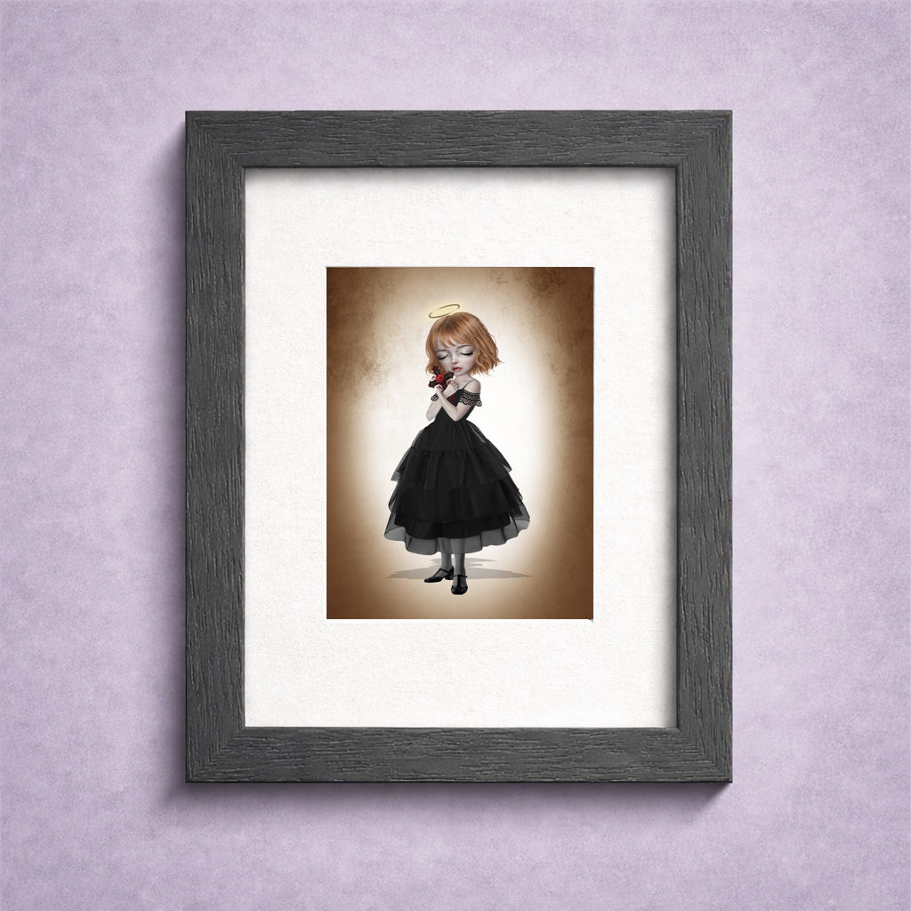 Framed ACEO art card featuring a gothic girl with a halo in a black dress holding a crucifix with a red rose.