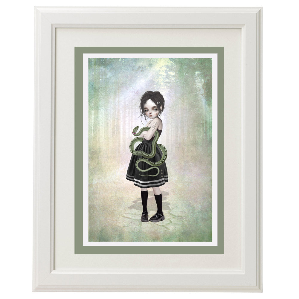 Framed Girl with pet snake card – a unique, whimsical art piece for home décor.