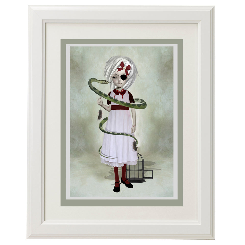 Framed Girl and snake card – a unique, quirky art piece for home décor.