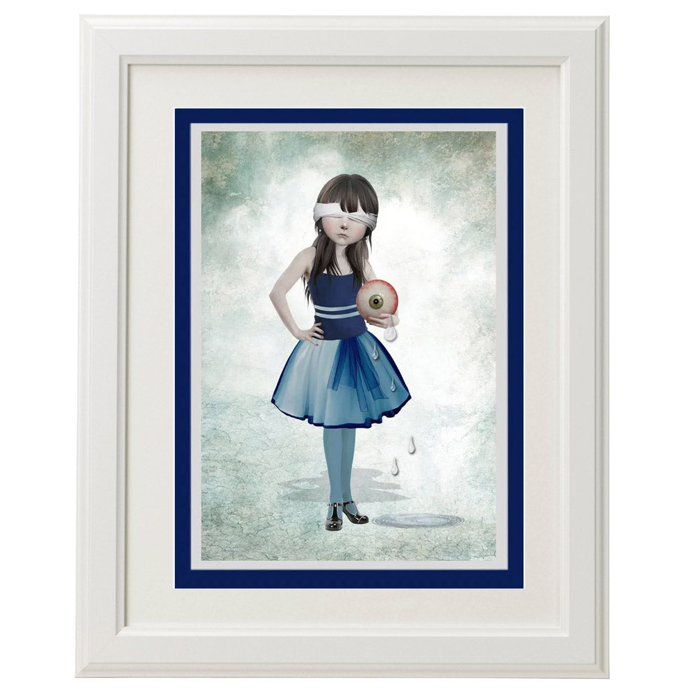 Framed Girl and eyeball card – a unique, quirky art piece for home decor.