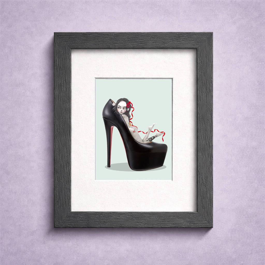 pop surrealism ACEO art card by HarrietsImagination. Features a tattooed girl in a black stiletto high heel—perfect for miniature gothic decor.