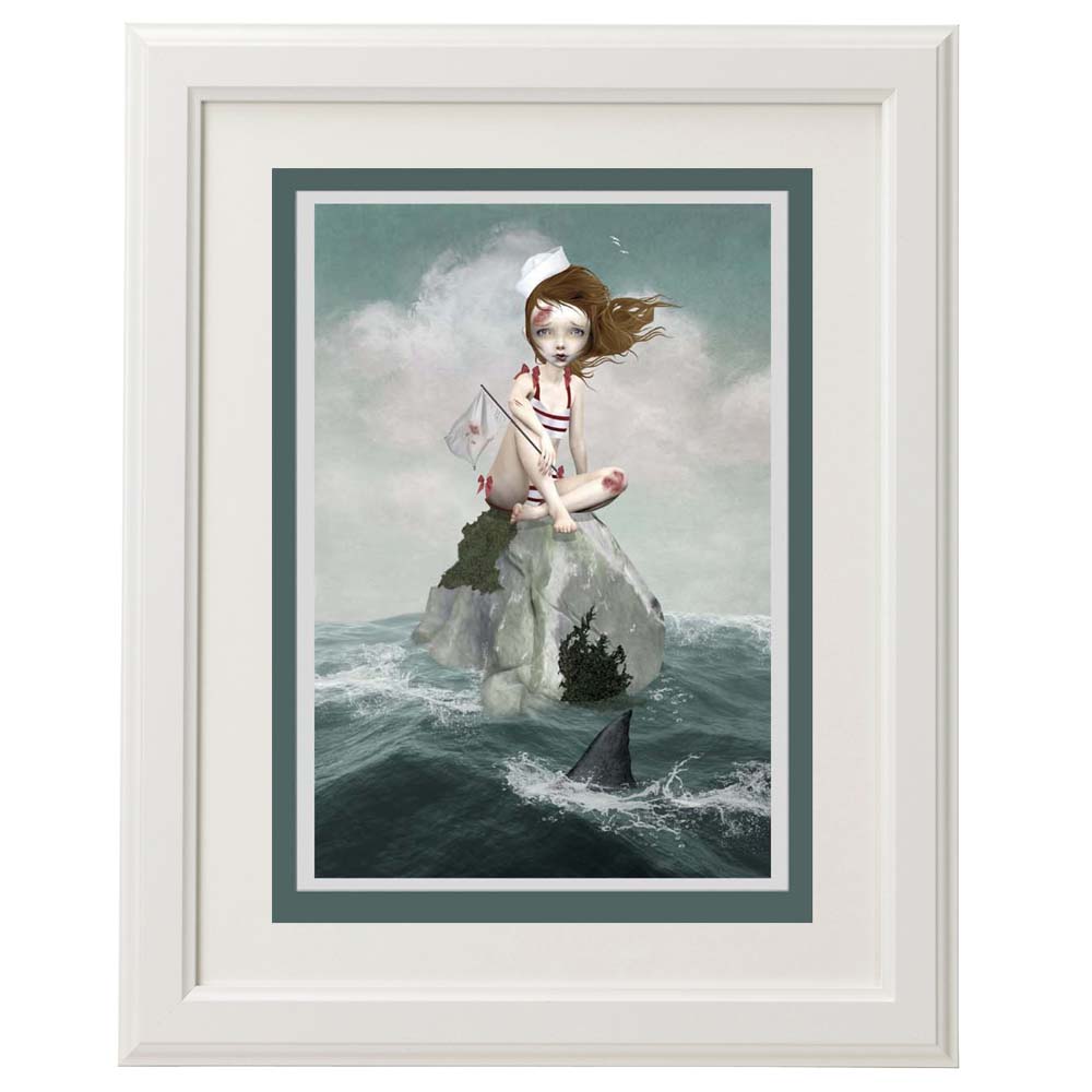 Framed Girl in shark infested waters card – a quirky, nautical art piece for home décor.