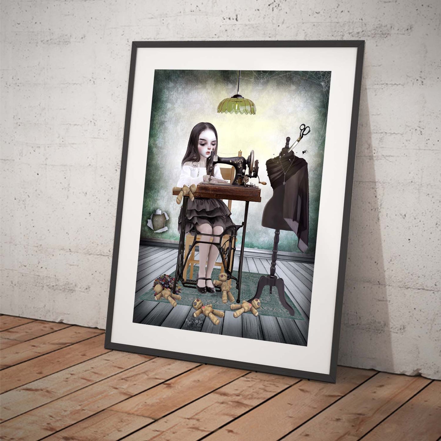 Creepy cute art print. Image is a creepy girl at her sewing machine making voodoo dolls.