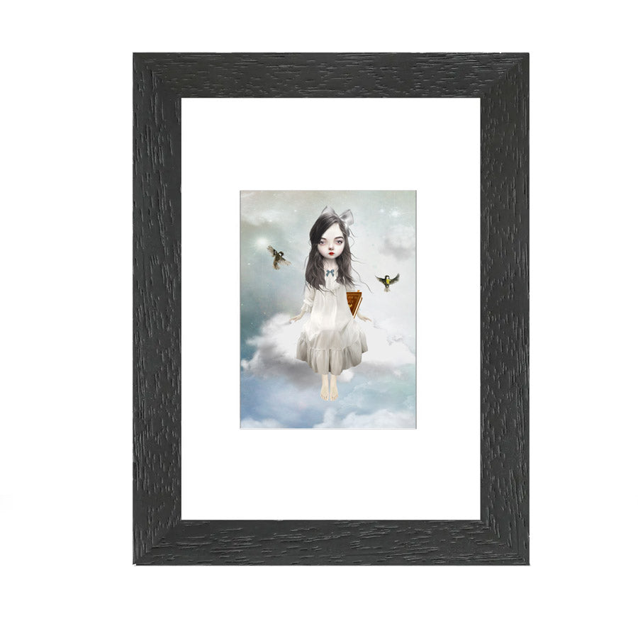 Framed ACEO print of a girl sitting on a cloud, featuring pop surrealism artwork perfect for home decor or art collectors.