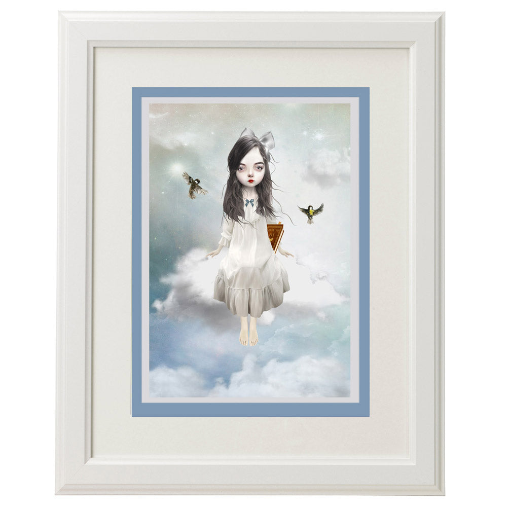 Framed Girl sitting on a cloud card – a unique, whimsical art piece for home décor.