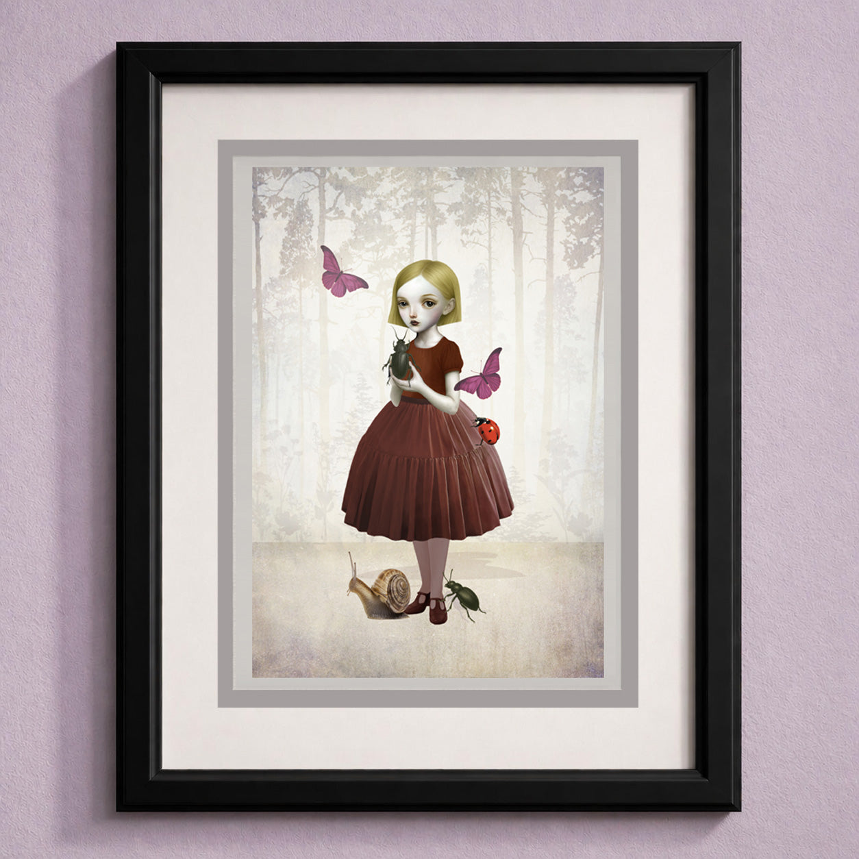 whimsical forest greeting card by HarrietsImagination. Features a girl with butterflies and beetles—blank inside and perfectly ready to frame