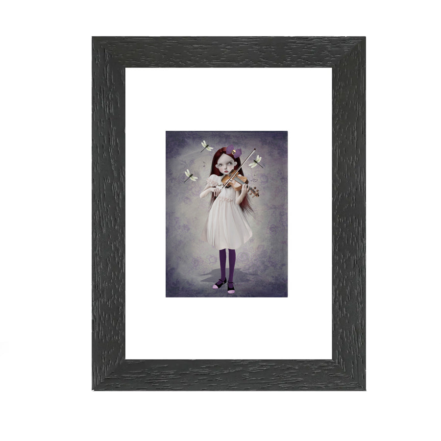Framed ACEO print of a girl playing violin surrounded by dragonflies, featuring whimsical artwork perfect for home decor or art collectors.