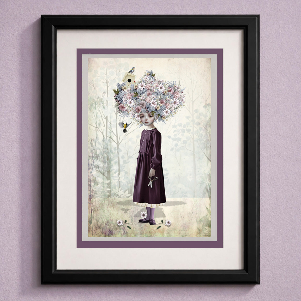 Whimsical cottagecore greeting card by HarrietsImagination. Features a girl with a flower bouffant—blank inside and perfectly ready to frame.