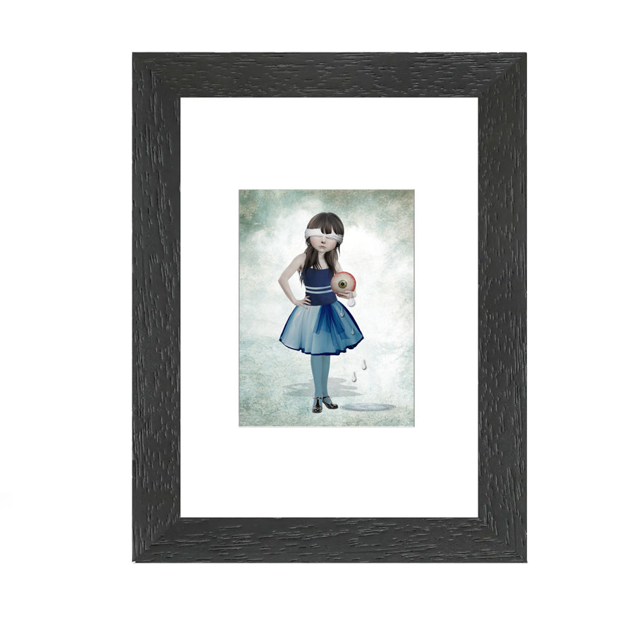 Framed ACEO print of girl with eyeball, featuring eclectic artwork perfect for home decor or art collectors.