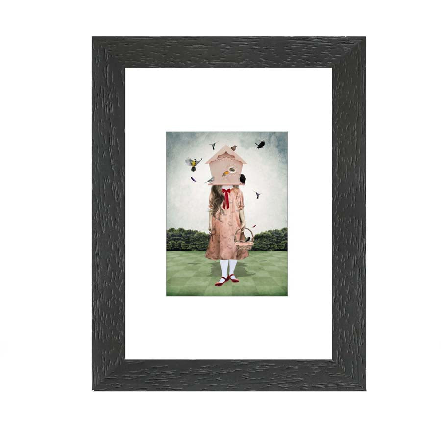 Framed ACEO print of girl with garden birds, featuring quirky artwork perfect for home decor or art collectors.