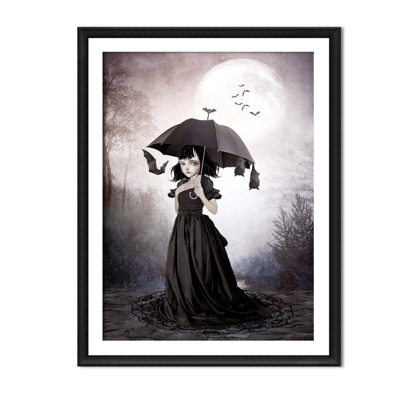 Framed gothic girl standing beneath the moonlight, peacefully slumbering with a bat-adorned umbrella in hand. 