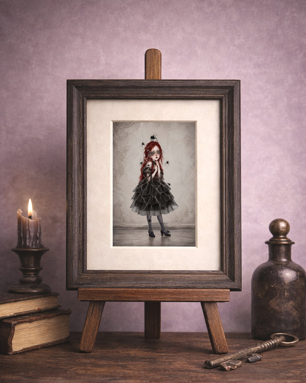 ACEO Card framed featuring  a melancholy girl with vibrant red hair wearing a dark ruffled dress and sheer tights, with intricate cobwebs over her face and black spiders hanging around her