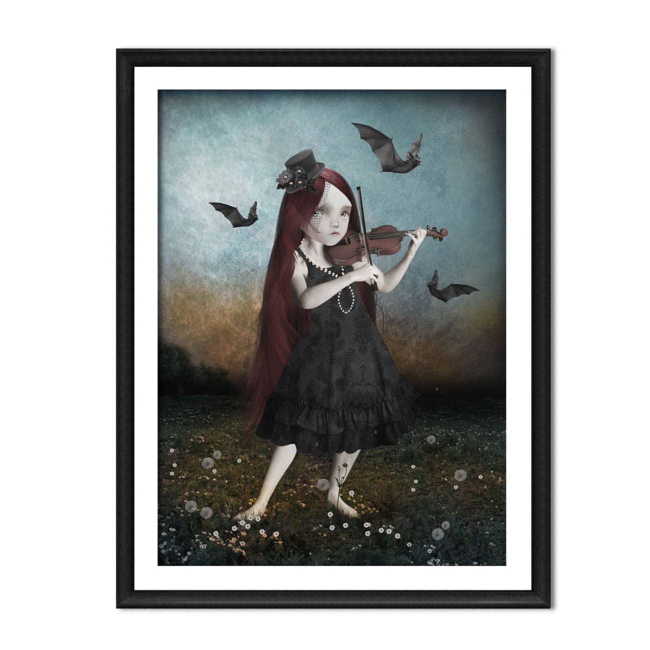 Goth Girl Violin Framed Art Print. A goth girl playing her violin, surrounded by a swarm of bats