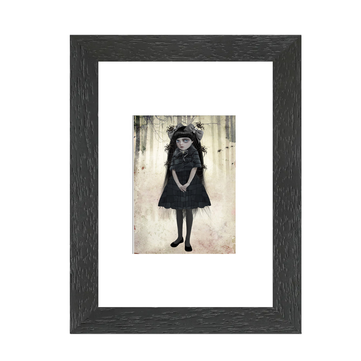 Framed ACEO print of goth girl with spiders, featuring creepy cute gothic artwork perfect for home decor or art collectors.