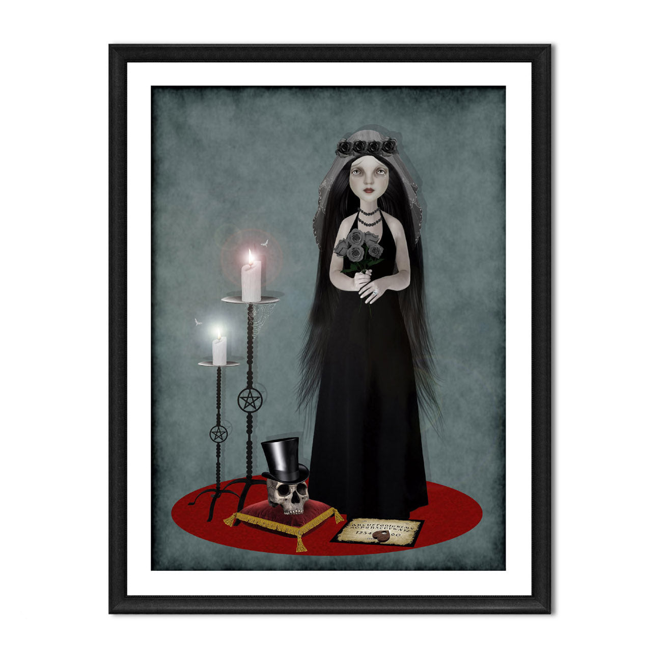 Macabre gothic bride & skull art print, dark romance wall decor, perfect for gothic weddings and home decor.