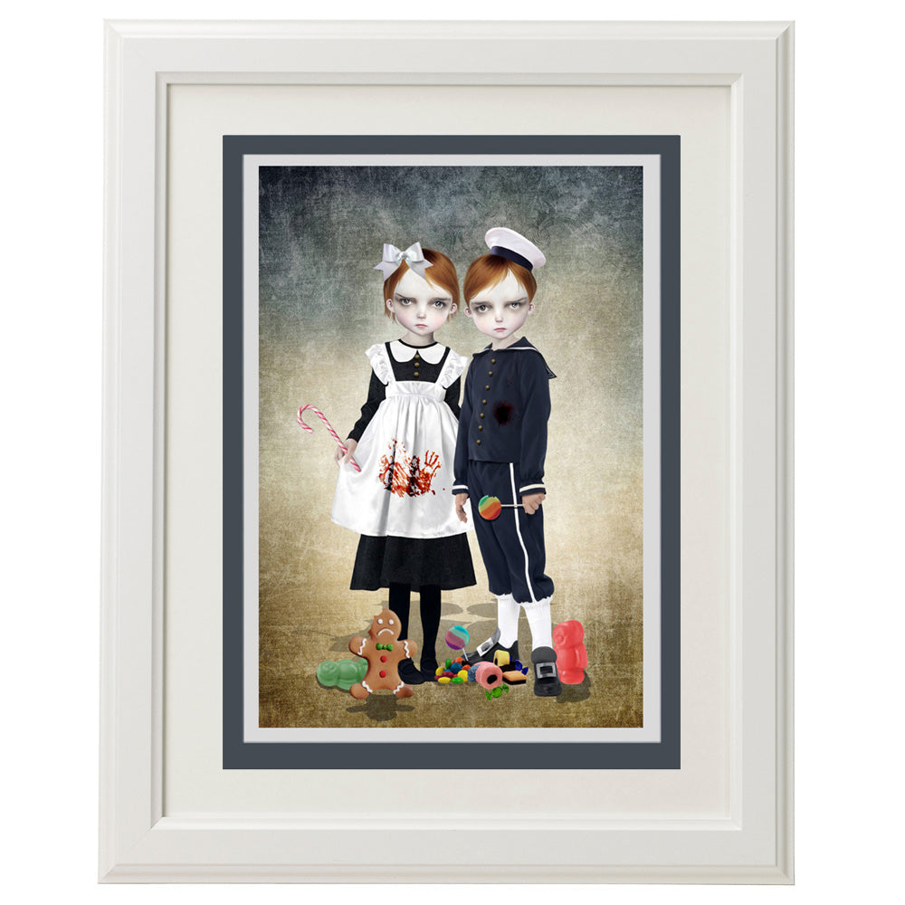 Gothic Fairytale Hansel & Gretel Art Greeting Card, perfect for framing as home decor.