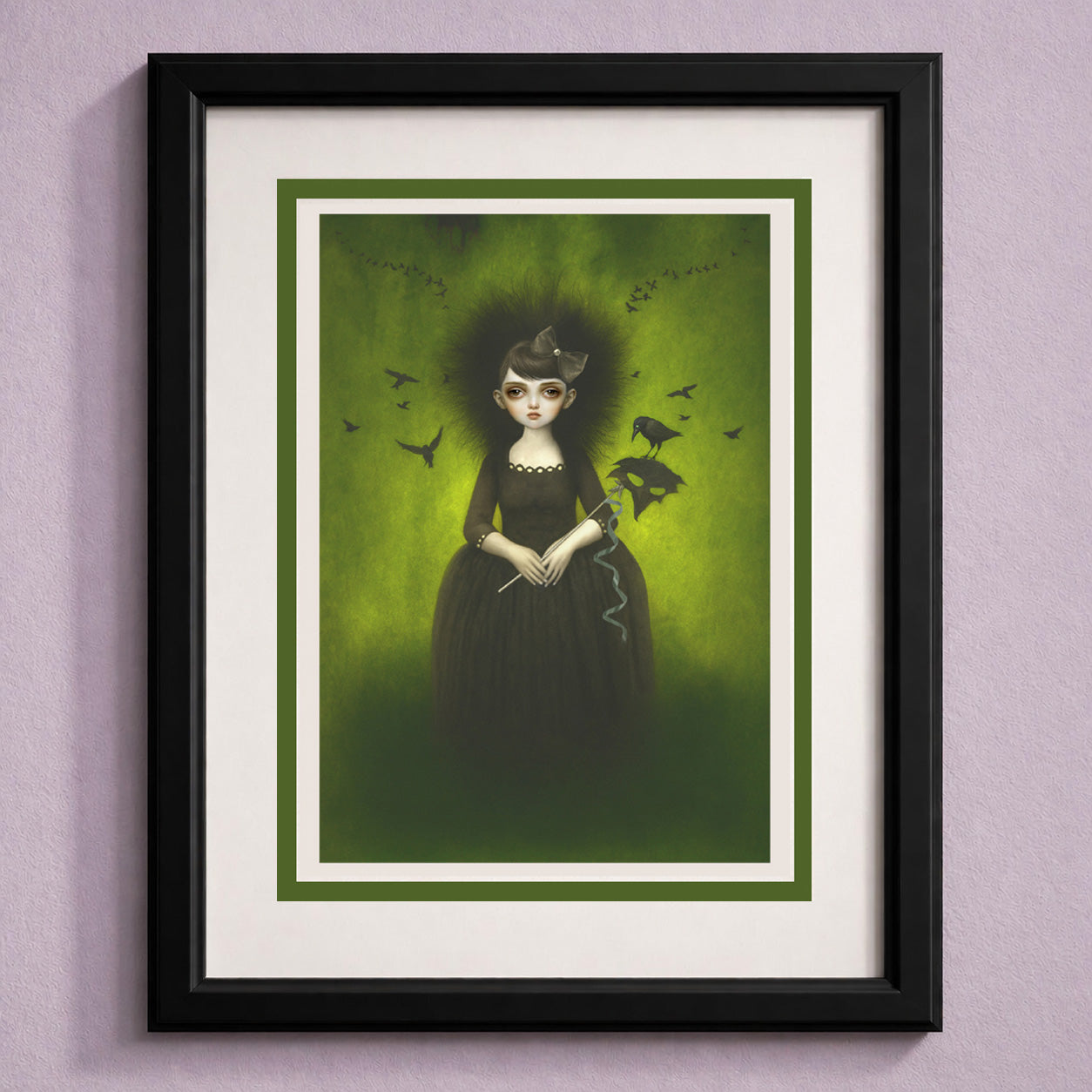 Framed art greeting card of a woman in a black dress with birds on a green background