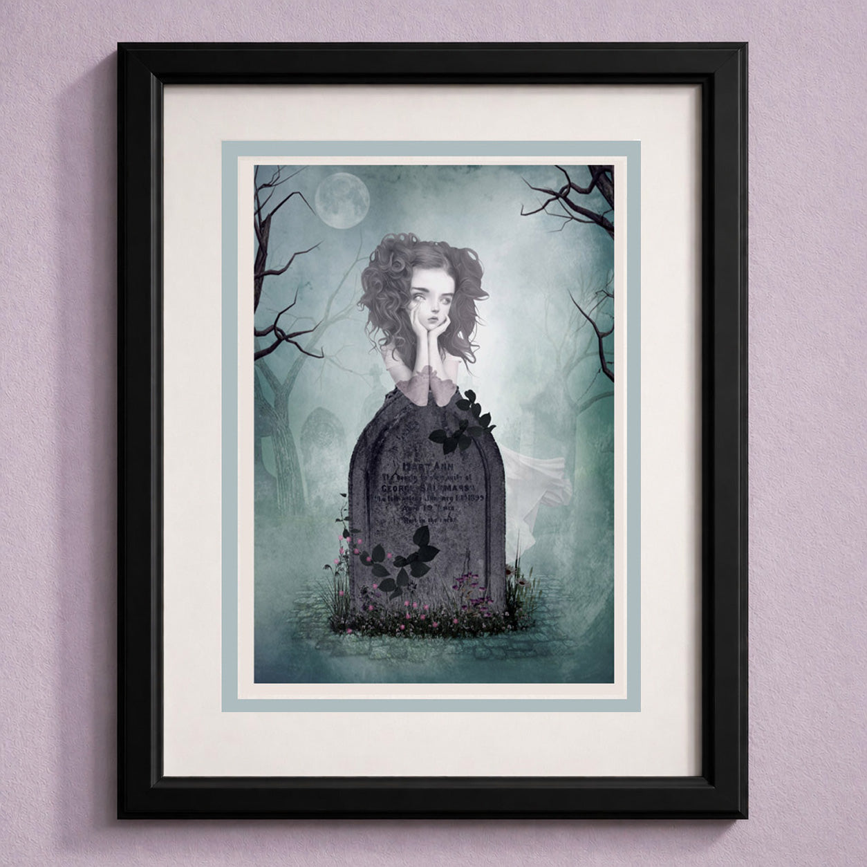 Framed art greeting card of a ghost girl by her tombstone with a ghostly effect on a purple wall.