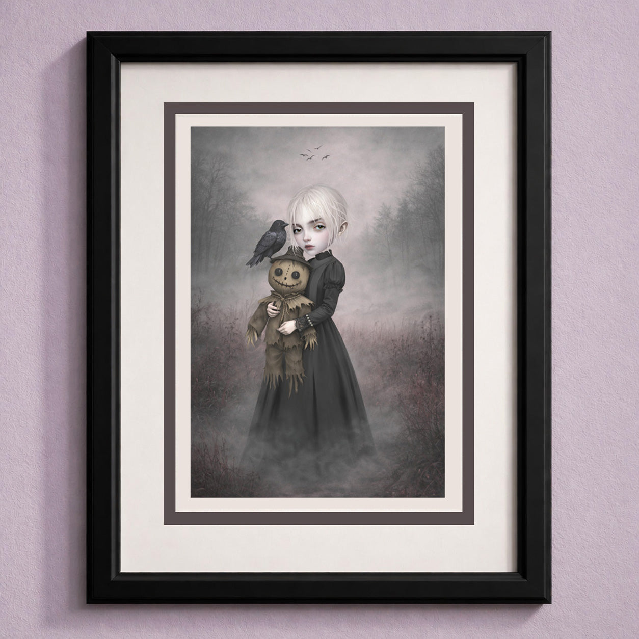 Framed eerie greeting card features a pale, platinum-haired girl in a dark Victorian-style dress cradling a stitched, creepy-cute scarecrow doll.
