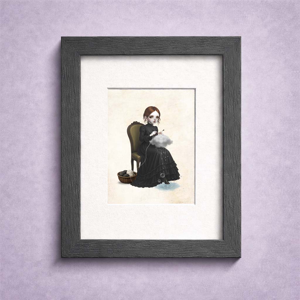 Framed ACEO art card featuring a surreal illustration of a girl knitting a raincloud while sitting on a vintage chair, against a textured purple background.